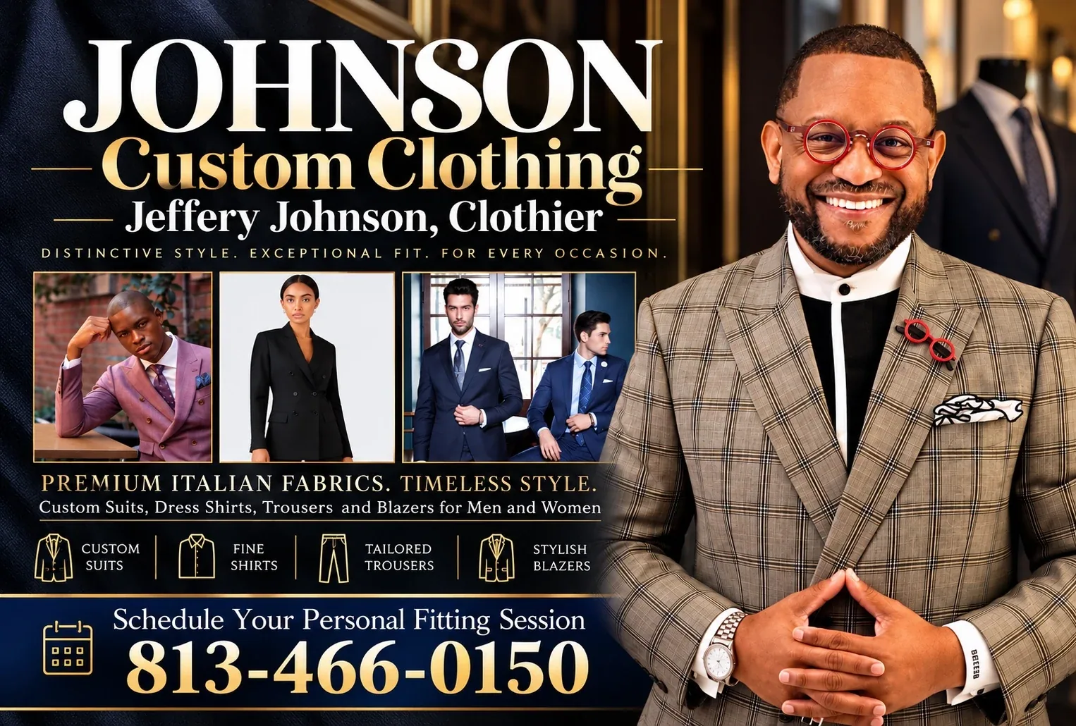 Johnson Custom Clothing promotional banner featuring Jeffery Johnson, tailored clothing, and fitting contact information