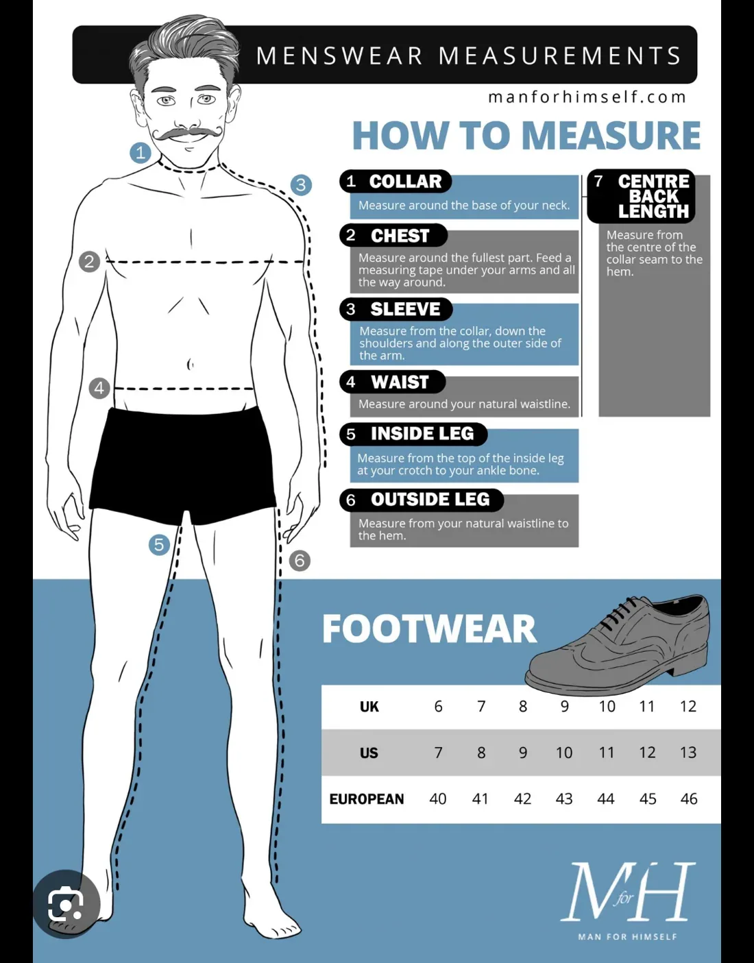 Menswear measurement reference showing collar, chest, sleeve, waist, inside leg, outside leg and back length