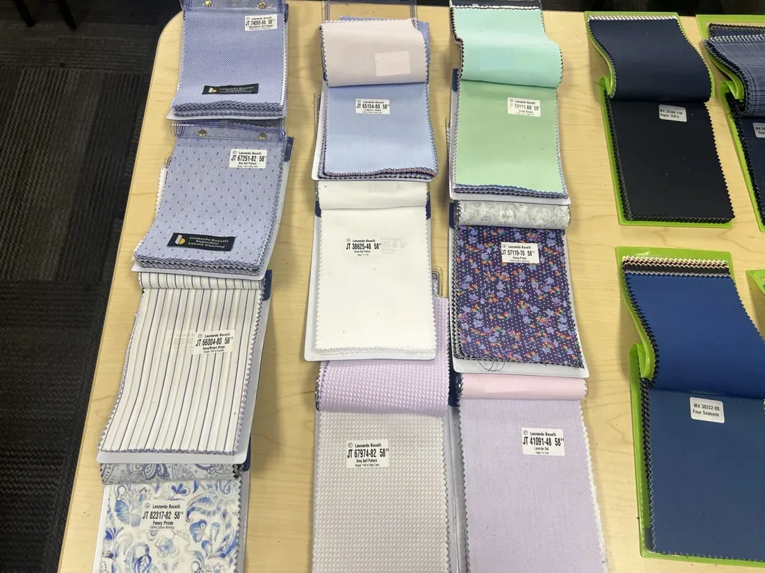 Cotton and silk shirt fabric swatches in a range of colors and patterns